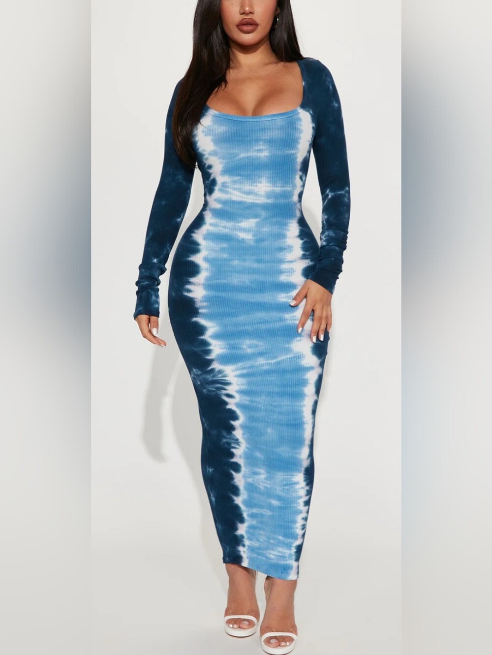 Fashion Nova Blue Tie-Dye Long Sleeve Bodycon Dress